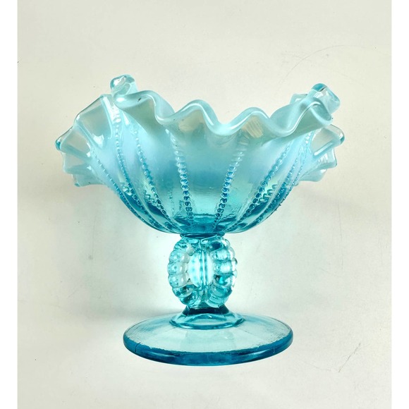 Vintage Fenton For LG Wright Blue Opalescent Beaded Footed Ruffled Edge Compote - Picture 2 of 14